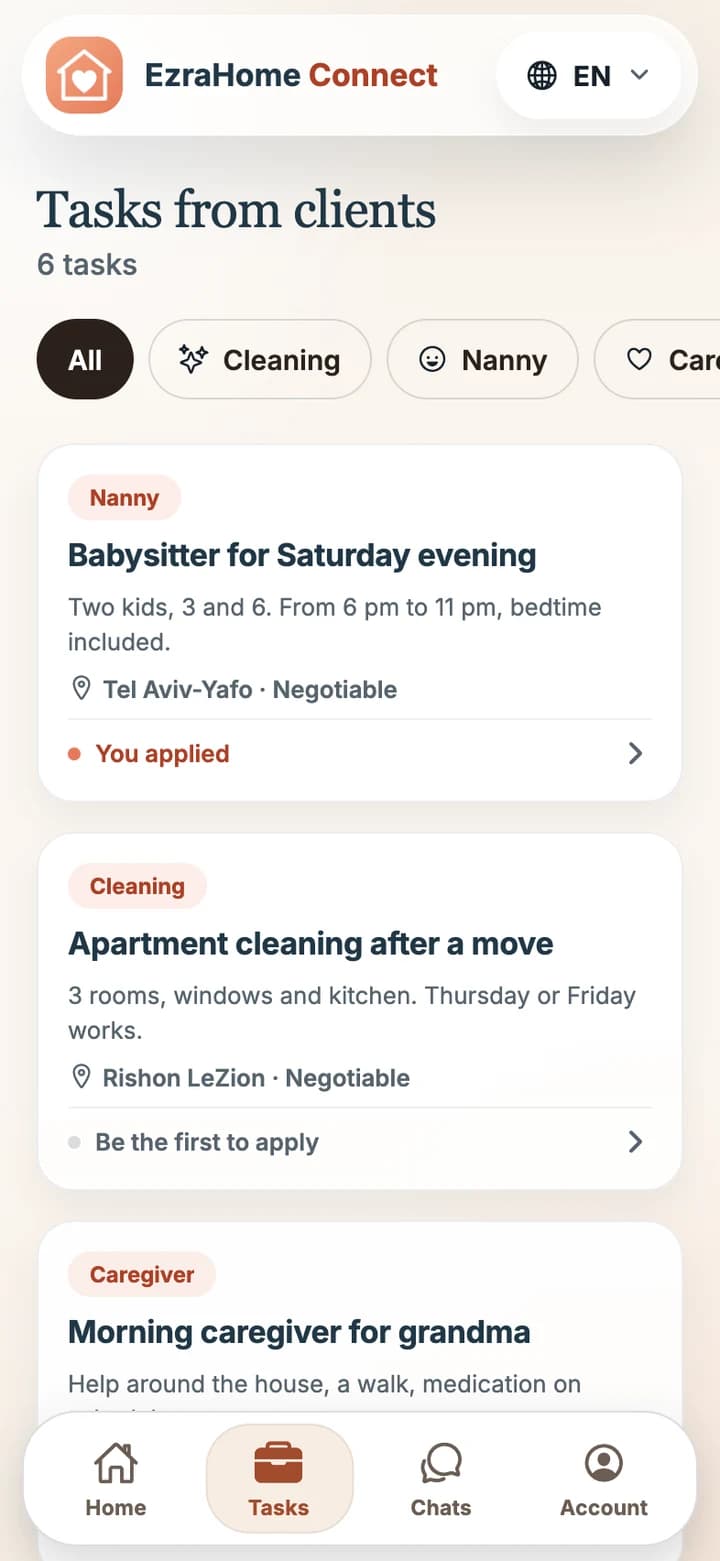 Tasks screen in the app for specialists